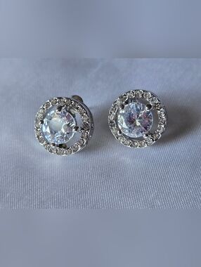 Large CZ Stone Round Halo Pierced Earrings